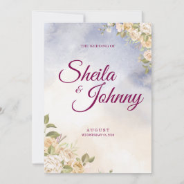 Convite Blue and Cream Flower Watercolor Elegance Wedding