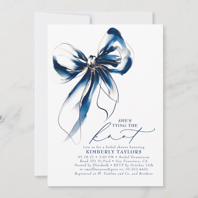 Convite Blue and Gold Bow Elegant Whimsical Bridal Shower (Frente)