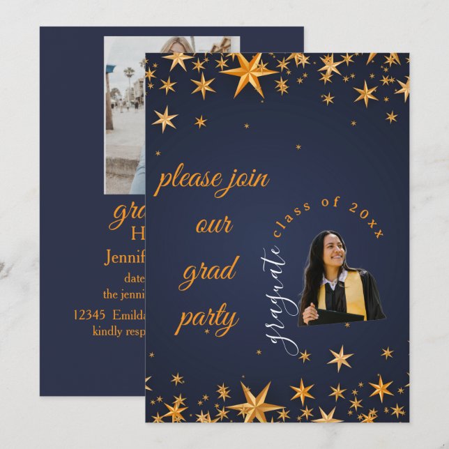 Convite blue and gold elegant invitation (Frente/Verso)