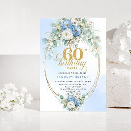 Convite Blue and Gold Greenery 60th Birthday Invitation