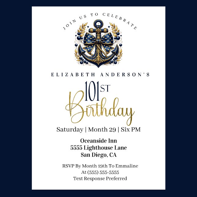 Convite Blue and Gold Nautical Bow Anchor 101st Birthday (Blue and gold nautical 101st birthday invitation)