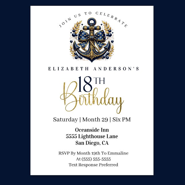 Convite Blue and Gold Nautical Bow Anchor 18th Birthday (Navy blue and gold nautical anchor 18th birthday invitation)