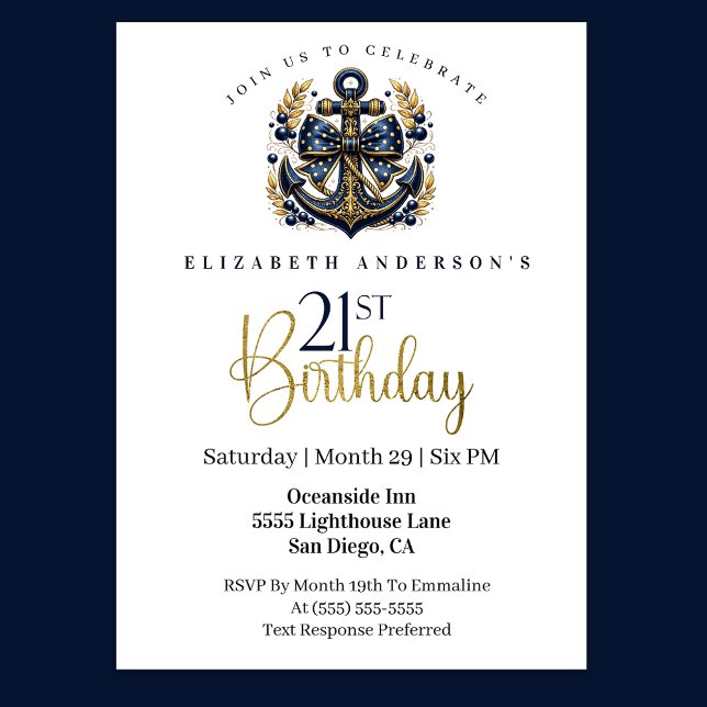 Convite Blue and Gold Nautical Bow Anchor 21st Birthday (Navy blue and gold nautical 21st birthday invitation)