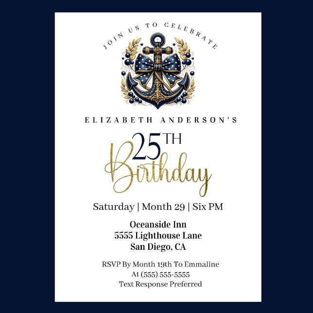 Convite Blue and Gold Nautical Bow Anchor 25th Birthday (Blue and gold nautical anchor 25th birthday invitation)
