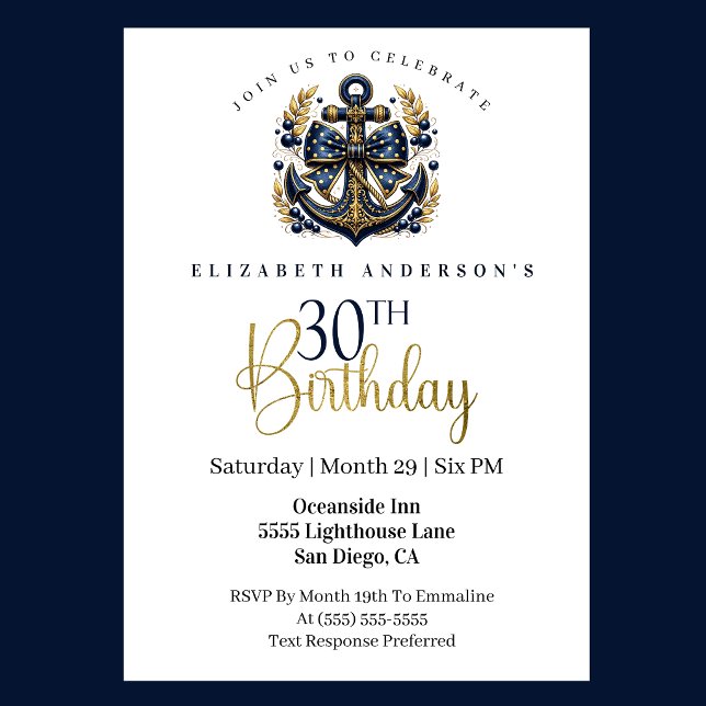 Convite Blue and Gold Nautical Bow Anchor 30th Birthday (Blue and gold nautical anchor 30th birthday invitation)