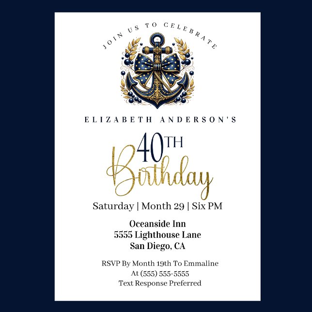Convite Blue and Gold Nautical Bow Anchor 40th Birthday (Blue and gold nautical anchor 40th birthday invitation)