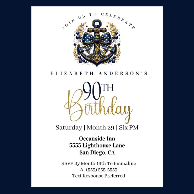 Convite Blue and Gold Nautical Bow Anchor 90th Birthday (Blue and gold nautical 90th birthday invitation)