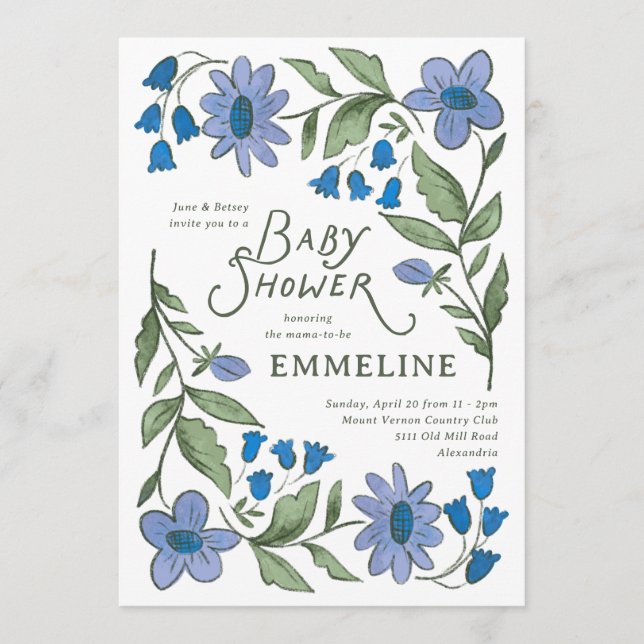 Convite Blue and Green Sweet Country Floral Baby Shower (Frente)