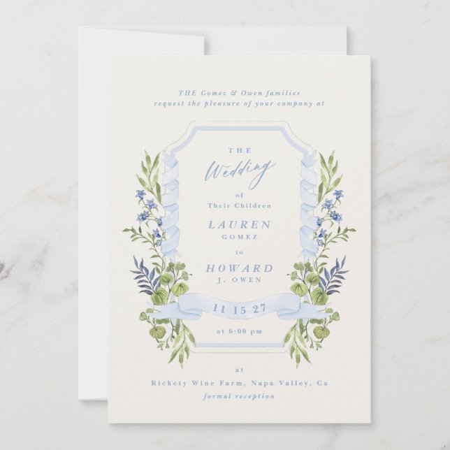 Convite blue and greenery all in one RSVP DETAILS wedding (Frente)