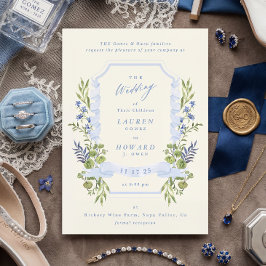 Convite blue and greenery garden crest wreath wedding