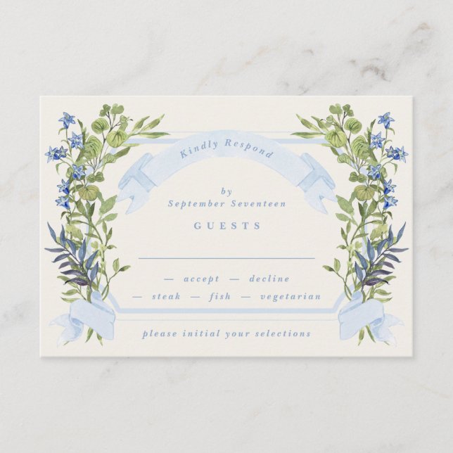 Convite blue and greenery garden crest wreath wedding rsvp (Frente)