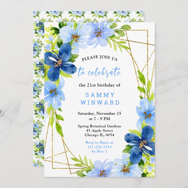 Convite Blue and Navy Flowers with Foliage Birthday (Frente/Verso)