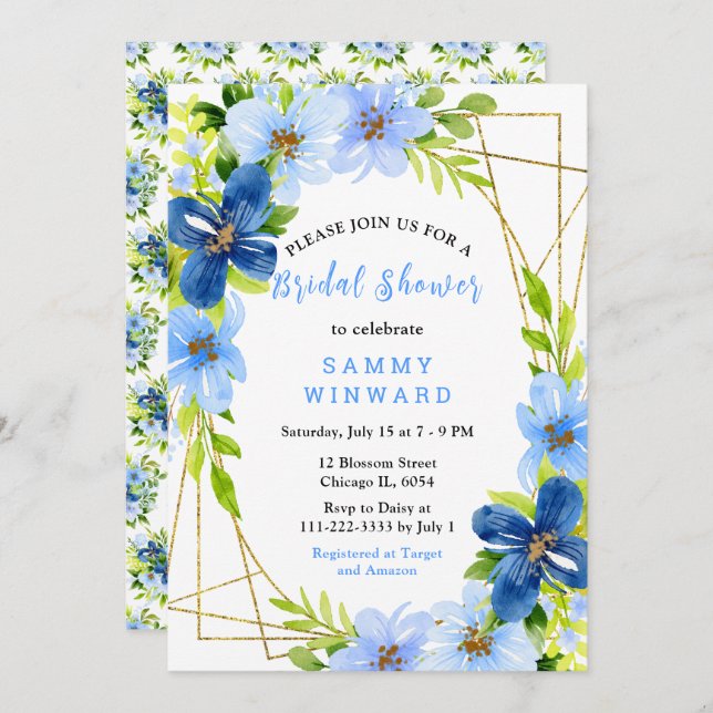 Convite Blue and Navy Flowers with Foliage Bridal Shower (Frente/Verso)