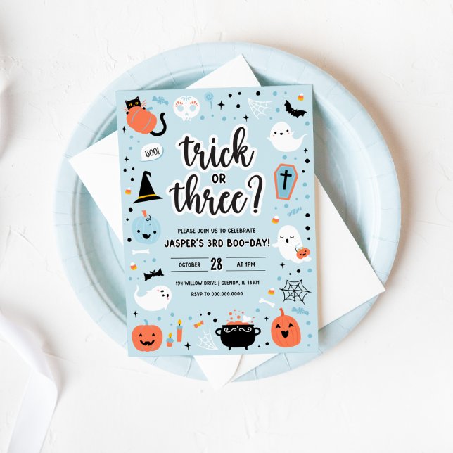 Convite Blue and Orange Halloween 3rd Birthday Invitation  (Blue and Orange Halloween 3rd Birthday Invitation )
