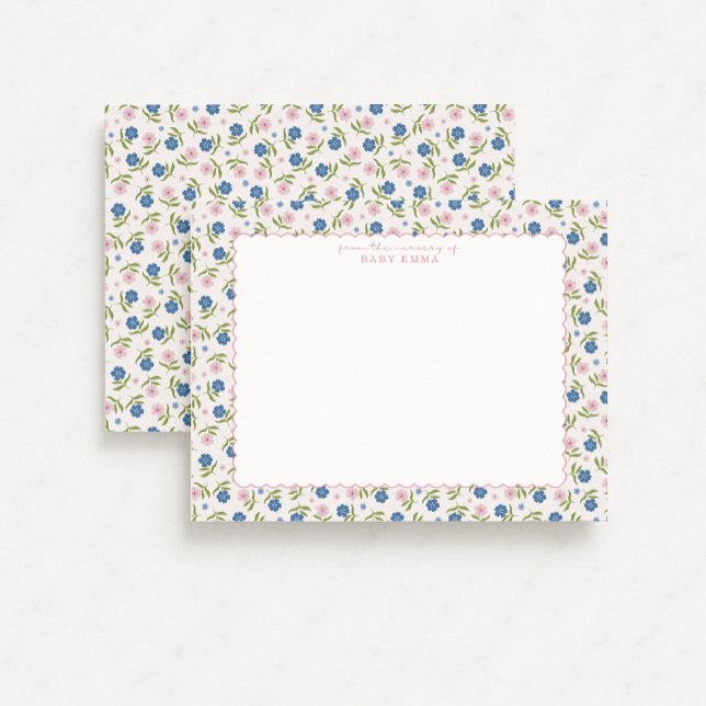 Convite Blue and Pink Floral Hand Drawn Scallop note card (Criador carregado)