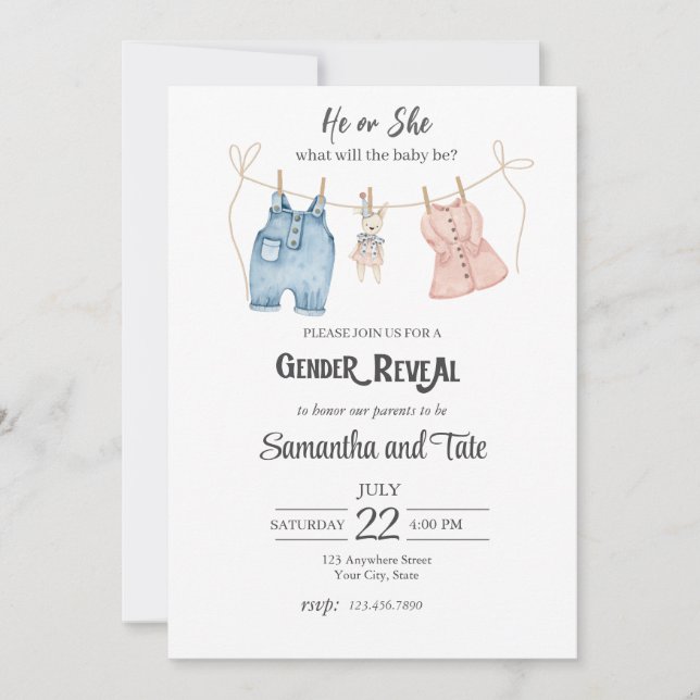Convite Blue and Pink Gender Reveal Invitation (Frente)