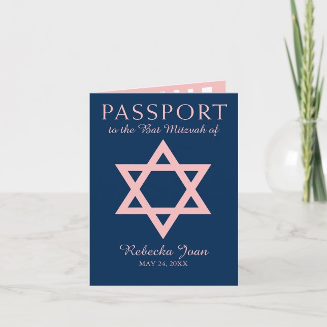 Convite Blue and Pink Star of David Bat Mitzvah Passport (Frente)