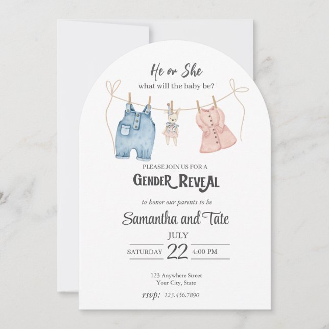 Convite Blue and Pink Watercolor Gender Arch Invitation (Frente)