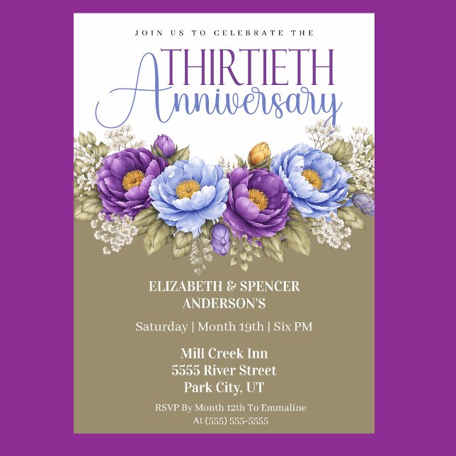 Convite Blue and Purple Peony 30th Wedding Anniversary (Elegant blue and purple peony floral 30th wedding anniversary invitation)