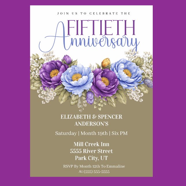 Convite Blue and Purple Peony 50th Wedding Anniversary (Elegant blue and purple peony floral 50th wedding anniversary invitation)