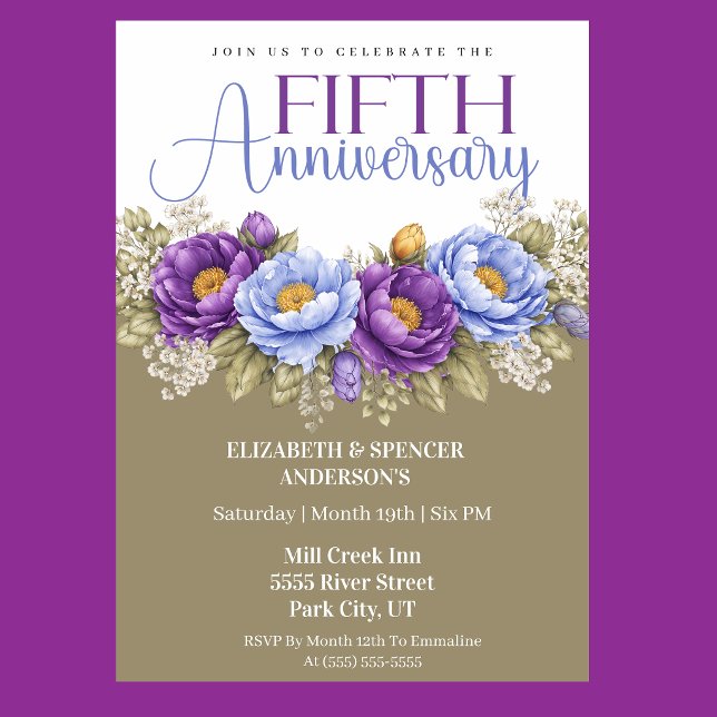 Convite Blue and Purple Peony 5th Wedding Anniversary (Elegant blue and purple peony floral 5th wedding anniversary invitation)