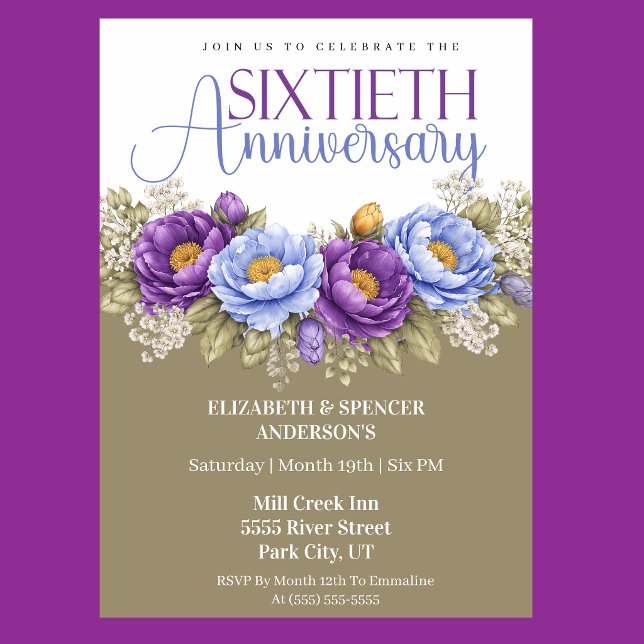 Convite Blue and Purple Peony 60th Wedding Anniversary (Elegant blue and purple peony floral 60th wedding anniversary invitation)