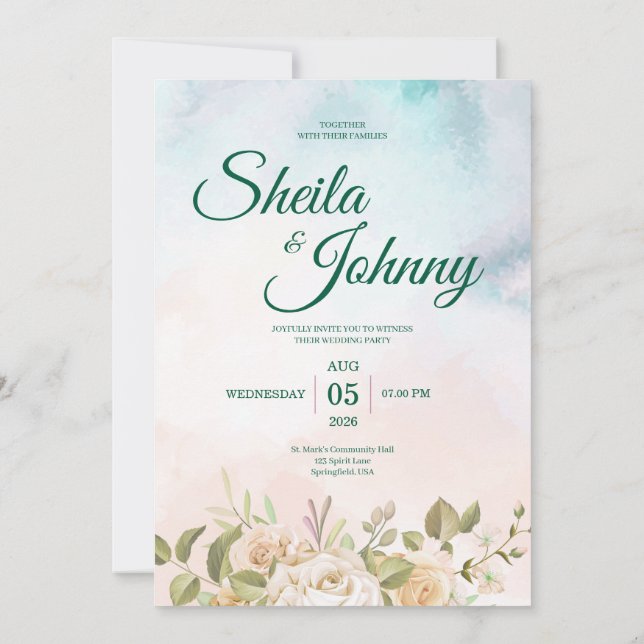 Convite Blue and Salmon Pastel Elegance Wedding Invitation (Verso)