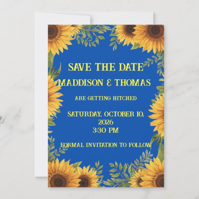 Convite  Blue and Sunflower Personalised Save The Date (Frente)