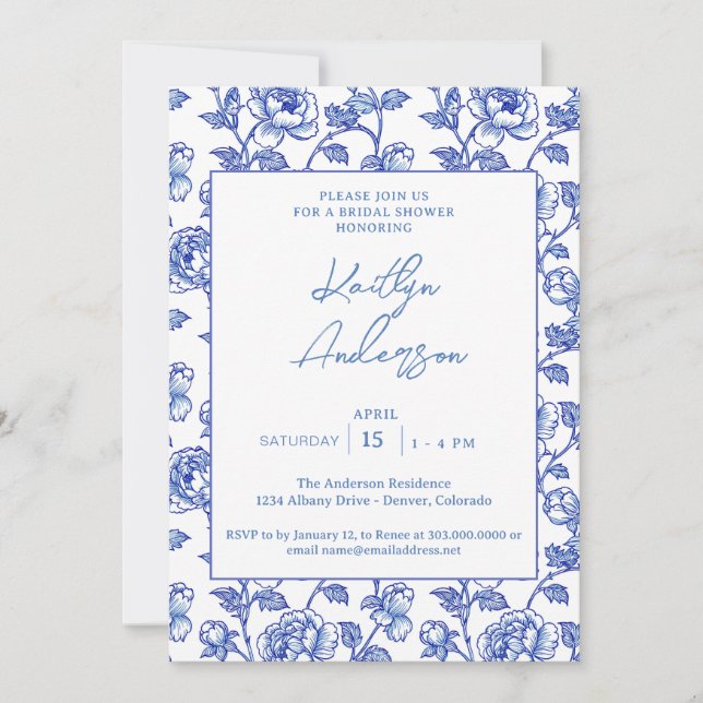 Convite Blue and White Chinoiserie Bridal Shower (Frente)