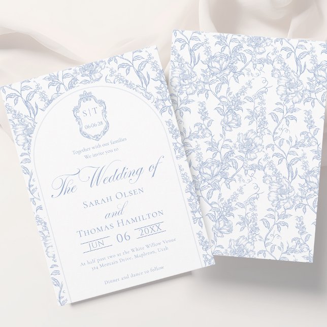 Convite Blue and White Floral Chinoiserie Monogram Wedding (Criador carregado)