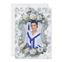 Blue and White Floral Photo Graduation Invitation
