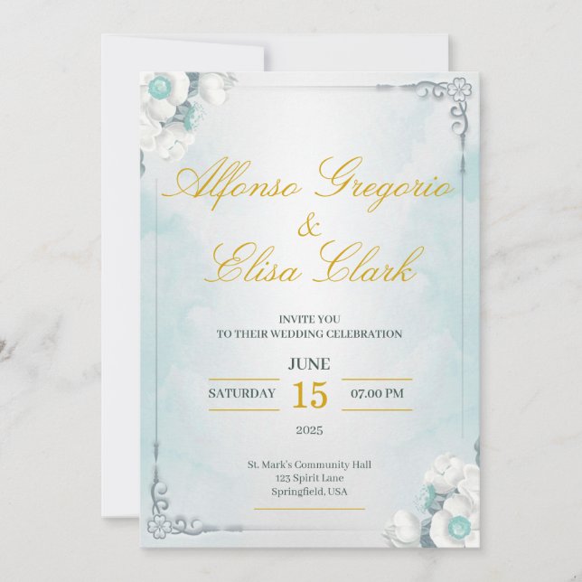 Convite Blue and White Flower Beauty Wedding Invitation (Frente)