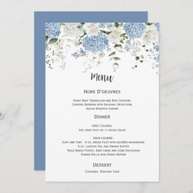 Convite Blue and White Hydrangeas White Roses Wedding Menu (Frente/Verso)