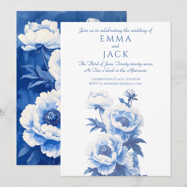 Convite Blue and white peonies wedding invitation (Frente/Verso)