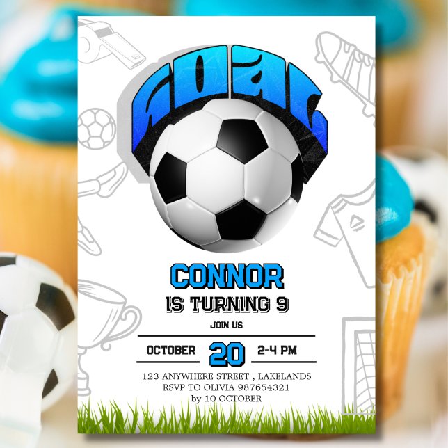 Convite Blue and White Soccer Ball Birthday Party  (Criador carregado)
