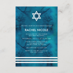 Convite Blue and White Watercolor Stripes Mitzvah