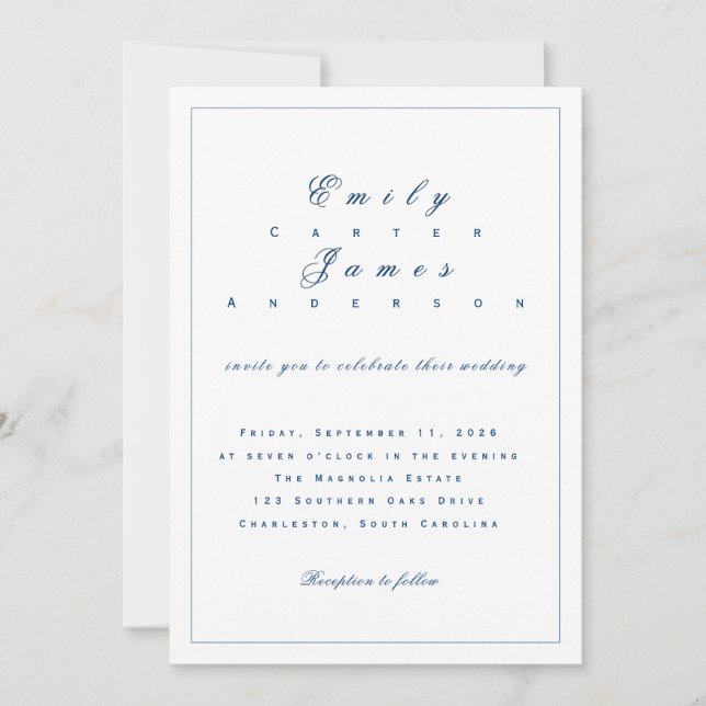 Convite Blue and White Wedding Invitation (Frente)