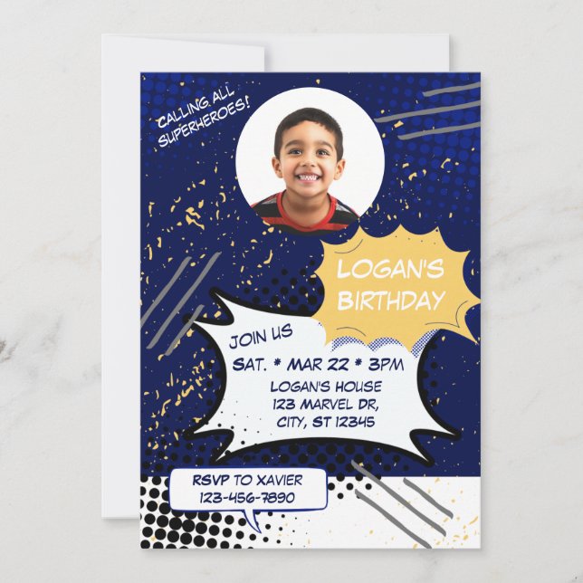 Convite Blue and Yellow Comic Birthday with picture (Frente)
