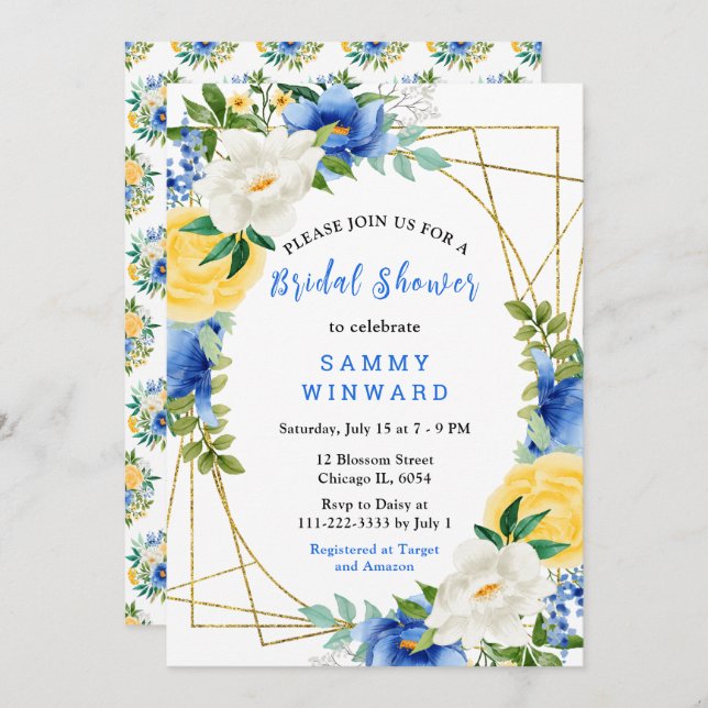 Convite Blue and Yellow Flowers with Foliage Bridal Shower (Frente/Verso)