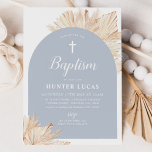 Convite Blue Arch Boho Floral Boys Baptism Christening