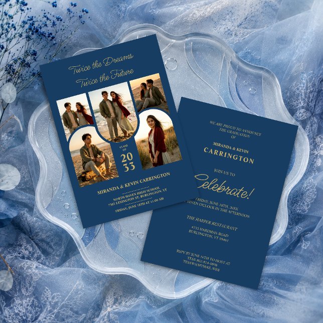 Convite Blue Arched Collage Double Grads Twins TMF26 (Stylish double graduation invitation with five arched photo placeholders and gold faux effect.)
