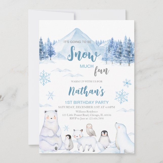 Convite Blue Arctic Animals Birthday Invitation (Frente)