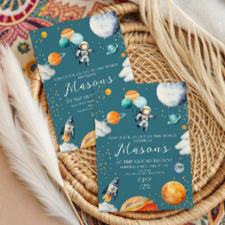 Convite Blue Astronaut Balloon Planets 1st Trip Around