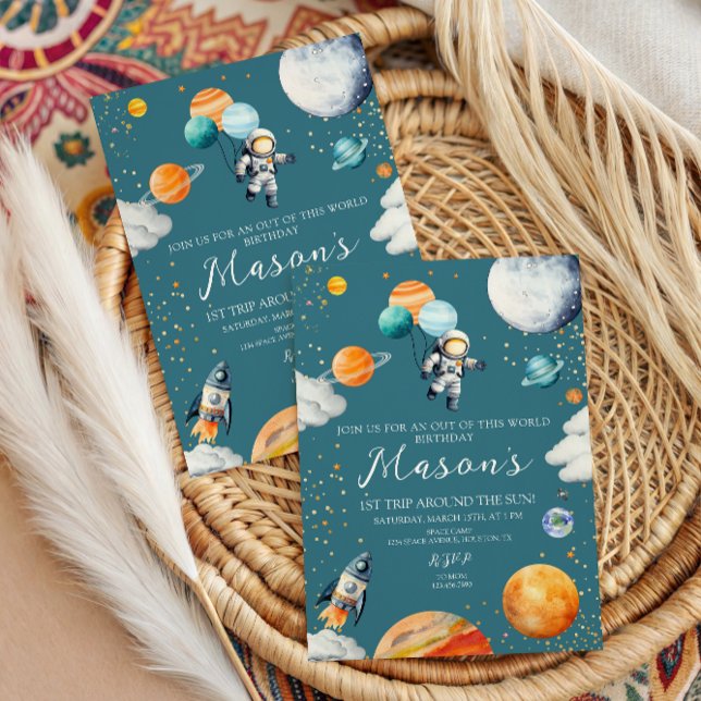 Convite Blue Astronaut Balloon Planets 1st Trip Around (Criador carregado)