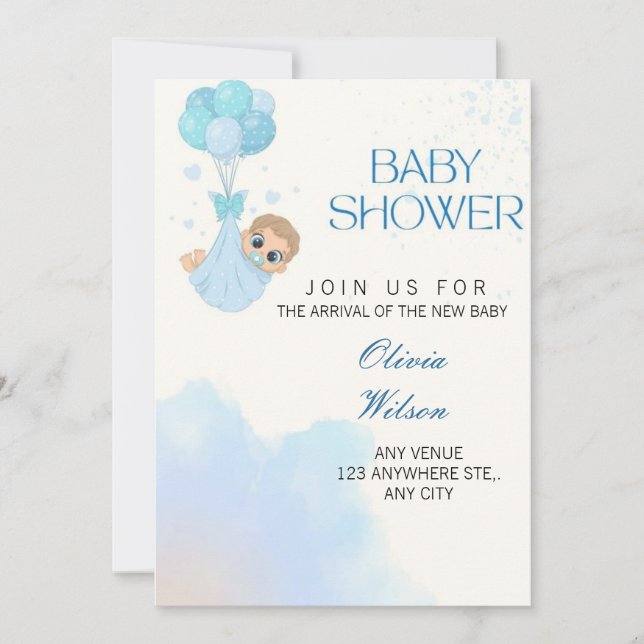 Convite Blue Baby Boy Balloon Shower Invite (Frente)