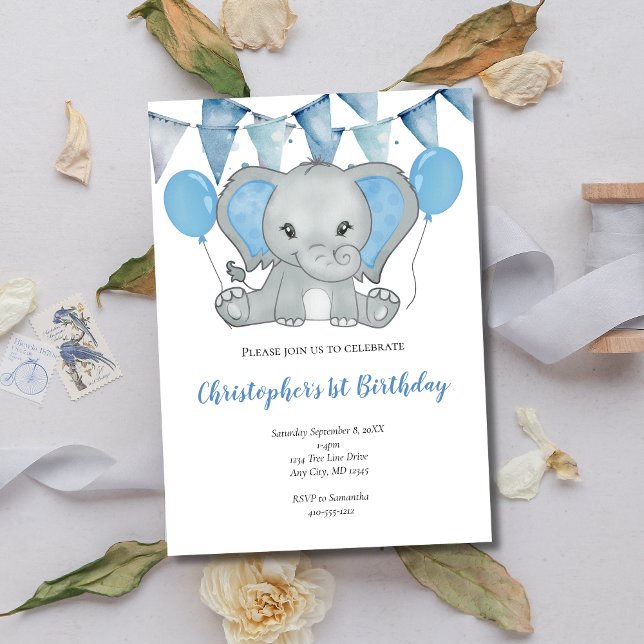 Convite Blue Baby Boy Elephant Balon 1rua Primeiro Anivers (Blue Elephant Balloons Banner 1st Birthday Invitation for Baby Boy)