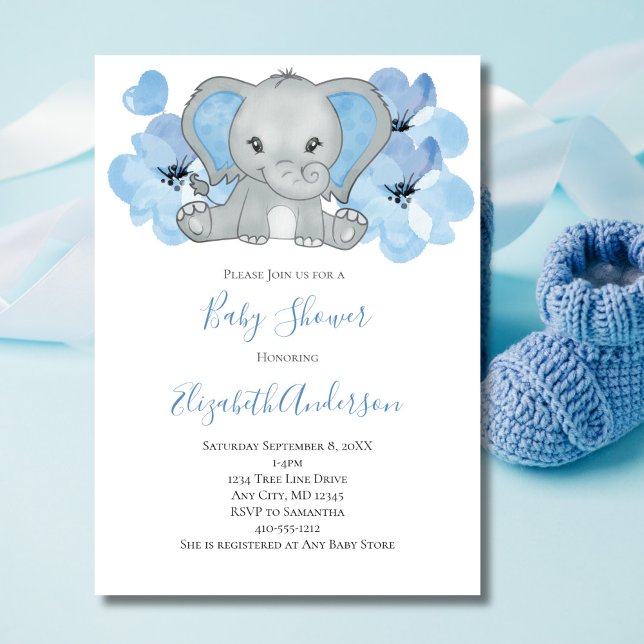 Convite Blue Baby Boy Elephant Chá de fraldas Flowon (Baby Boy Blue Elephant Baby Shower Invitation. Printed or Instant Digital Download)