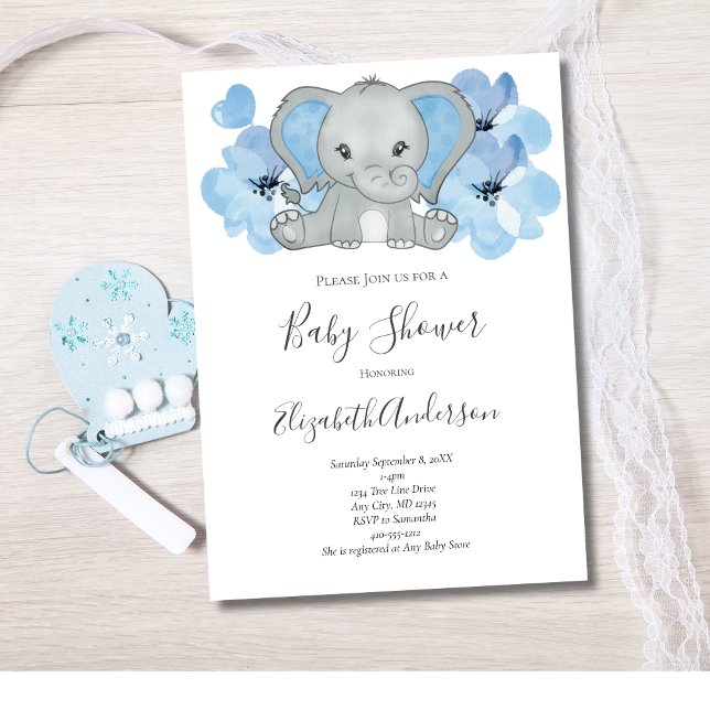 Convite Blue Baby Boy Elephant Chá de fraldas Flowon (Blue and Gray Elephant Baby Boy Baby Shower Invitation)