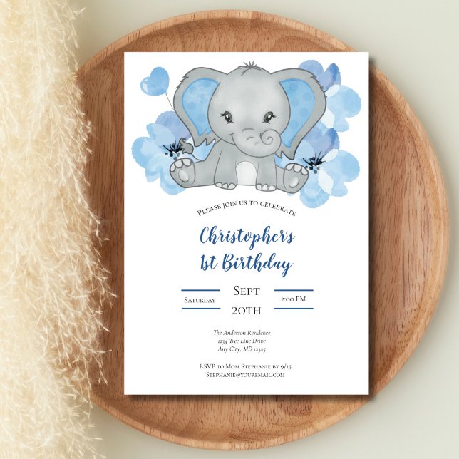 Convite Blue Baby Boy Elephant Flowants Balões Aniversário (Blue Gray Elephant Flowers Balloons Baby 1st Birthday Invitation, Printed or Digital Download)