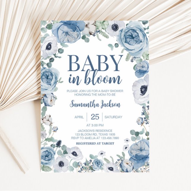 Convite Blue Baby in Bloom Chá de fraldas (Dusty Blue Wildflower Baby Shower Invitation )